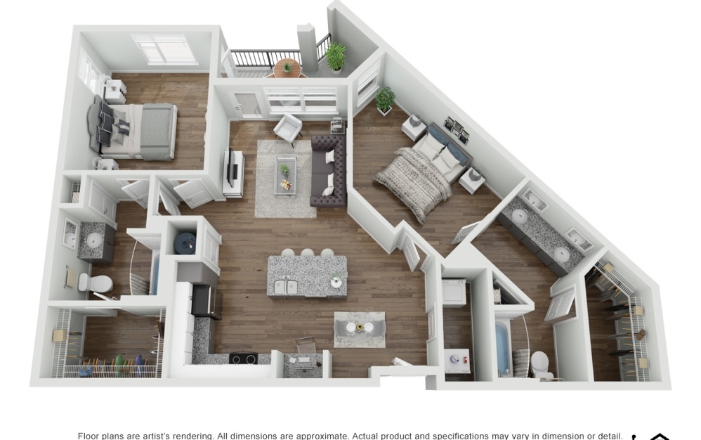 floor plan rendering of an open concept living and kitchen space including 2 bedrooms and 2 bathrooms