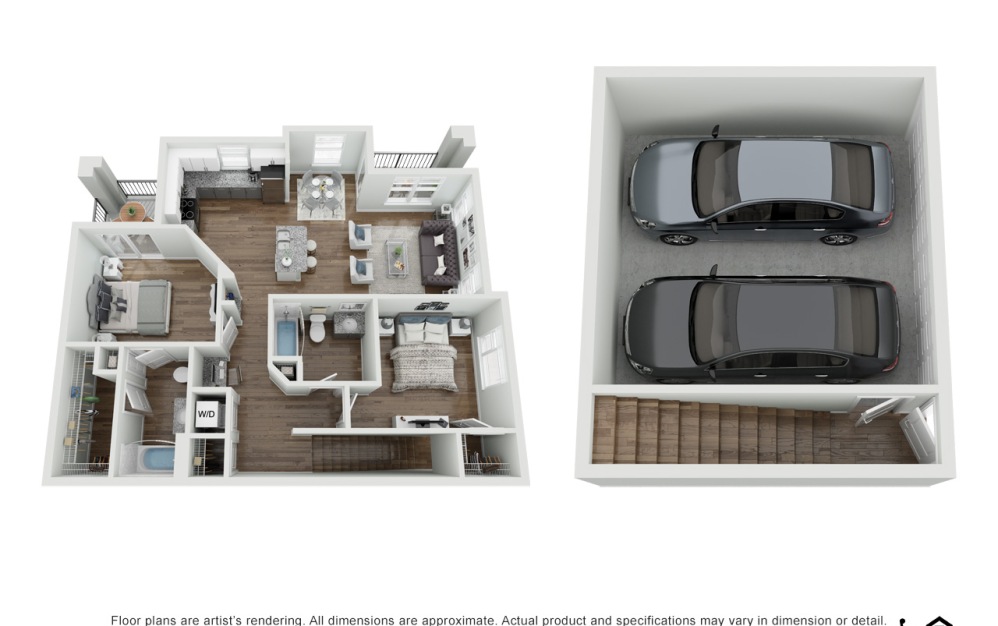 floor plan rendering with two car garage attached to the unit on the first floor and living space with 2 bedrooms and 2 bathrooms on the second floor