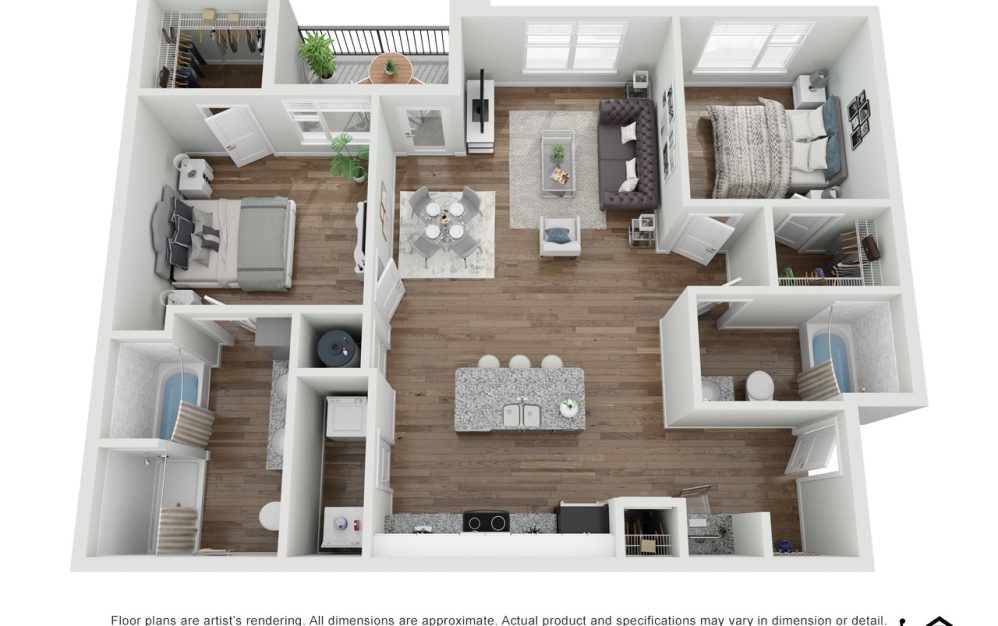 floor plan rendering of an open concept floor plan with 2 bedrooms and 2 bathrooms