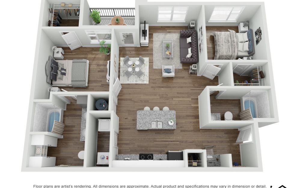 floor plan rendering of b6b with an open concept living and kitchen space including 2 bedrooms and 2 bathrooms