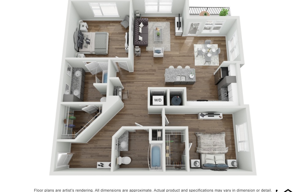 floor plan rendering with narrow hallway leading to open concept living and kitchen space and includes 2 bedrooms and 2 bathrooms