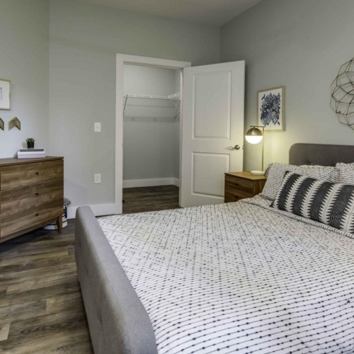 a bedroom with a bed and a dresser